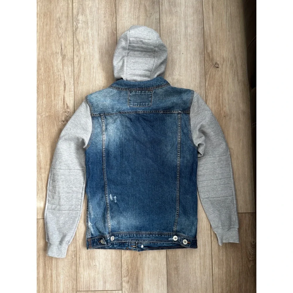 Zara‎ Man Distressed Denim Jacket with Grey Hood and Sleeves Mens Large Blue